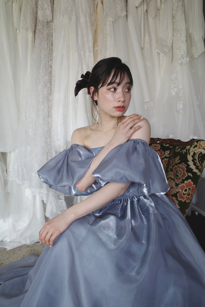 オフショルダー パフスリーブドレス ブルーグレー (W306BG)