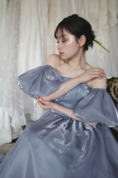 オフショルダー パフスリーブドレス ブルーグレー (W306BG)