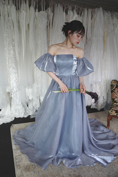 オフショルダー パフスリーブドレス ブルーグレー (W306BG)