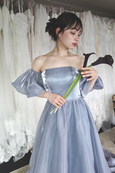 オフショルダー パフスリーブドレス ブルーグレー (W306BG)