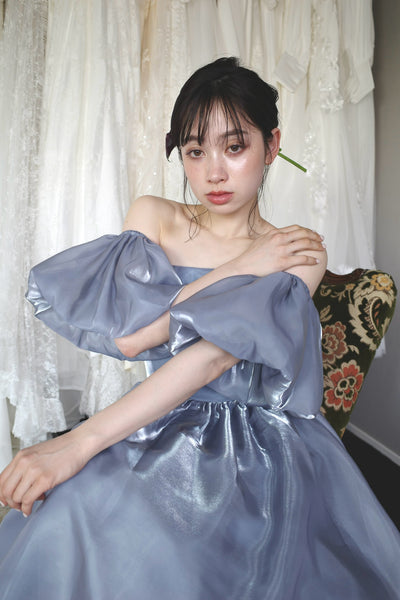 オフショルダー パフスリーブドレス ブルーグレー (W306BG)