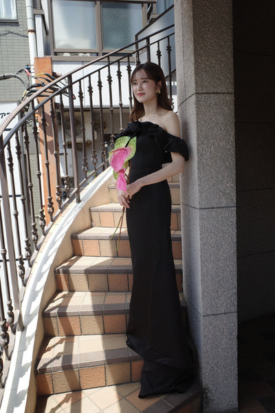 オフショルダー ソフトマーメイドドレス ブラック(W268BK)