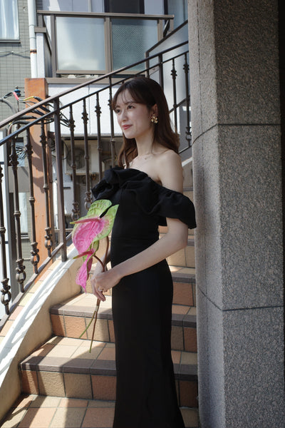 オフショルダー ソフトマーメイドドレス ブラック(W268BK)