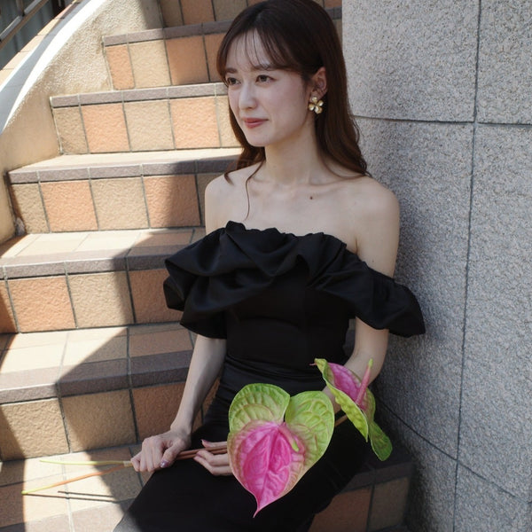 オフショルダー ソフトマーメイドドレス ブラック(W268BK)