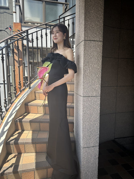 オフショルダー ソフトマーメイドドレス ブラック(W268BK)