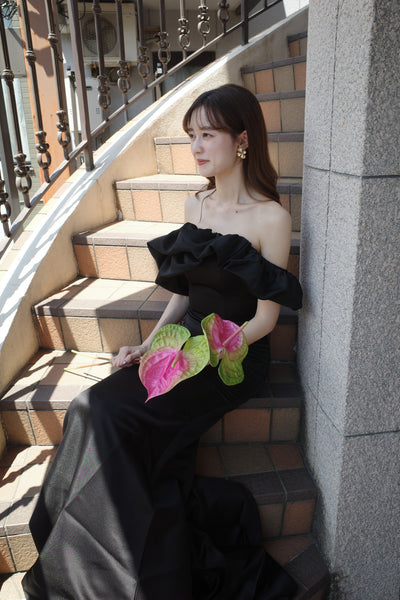 オフショルダー ソフトマーメイドドレス ブラック(W268BK)