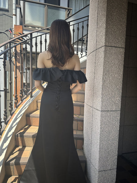 オフショルダー ソフトマーメイドドレス ブラック(W268BK)