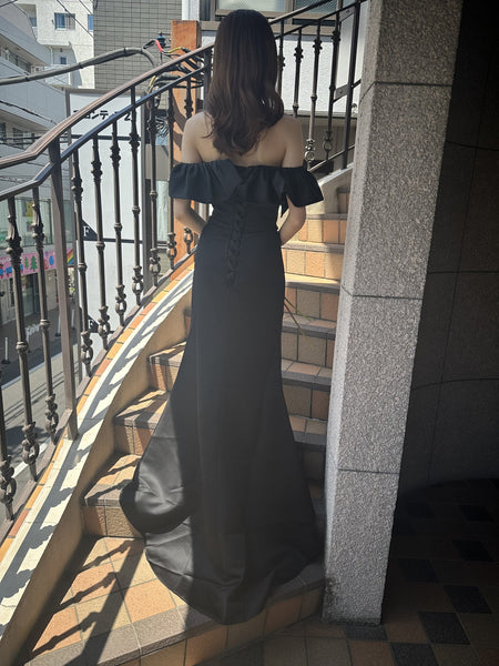 オフショルダー ソフトマーメイドドレス ブラック(W268BK)