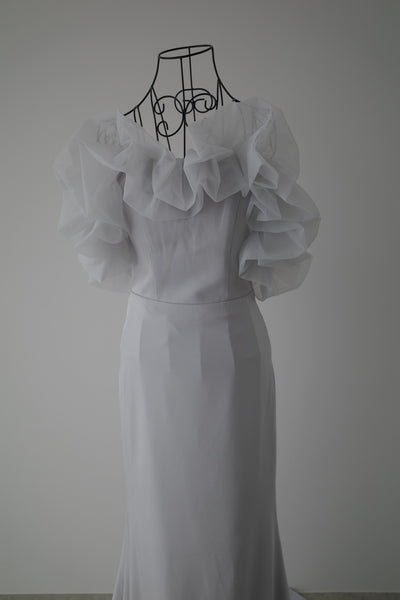 チュールショルダー ソフトマーメイドドレス ブルーグレー(W341BG)