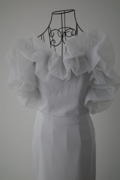 チュールショルダー ソフトマーメイドドレス ブルーグレー(W341BG)