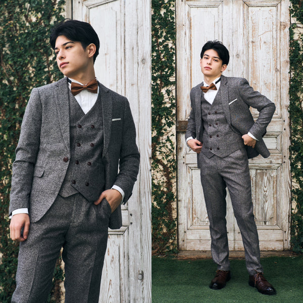 ツイード スリーピース メンズスーツ タキシード グレー(M09)