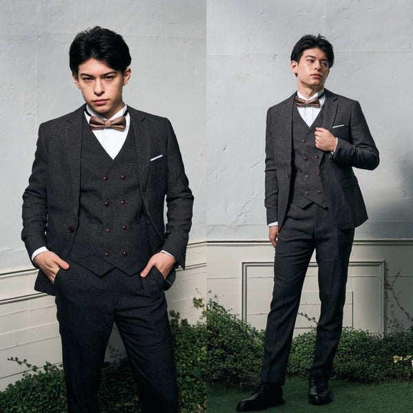 ツイード スリーピース メンズスーツ タキシード ブラック(M10)