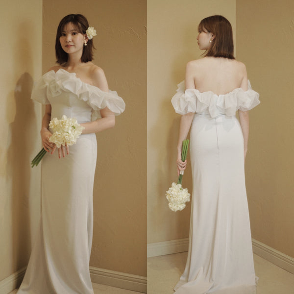 チュールショルダー ソフトマーメイドドレス ブルーグレー(W341BG)