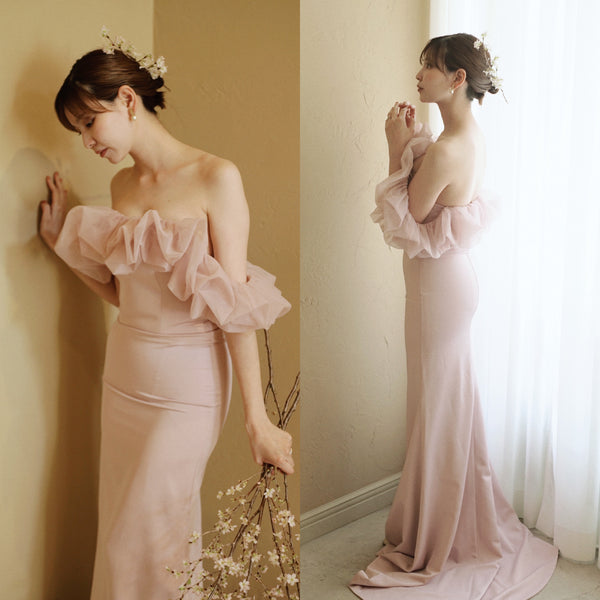 チュールショルダー ソフトマーメイドドレス ダスティピンク(W341DP)