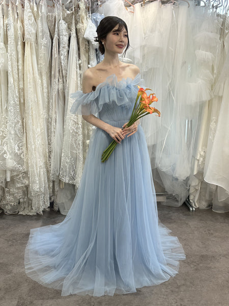 フリル オフショルダー チュールドレス アイスブルー(W337IB)