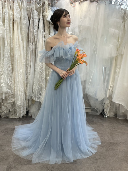 フリル オフショルダー チュールドレス アイスブルー(W337IB)
