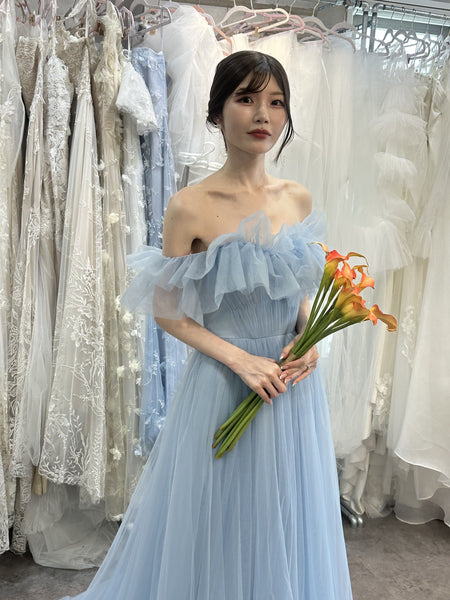 フリル オフショルダー チュールドレス アイスブルー(W337IB)