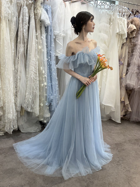 フリル オフショルダー チュールドレス アイスブルー(W337IB)