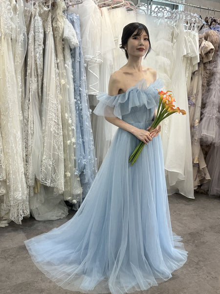 フリル オフショルダー チュールドレス アイスブルー(W337IB)