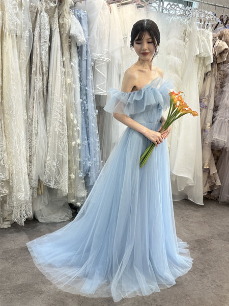 フリル オフショルダー チュールドレス アイスブルー(W337IB)