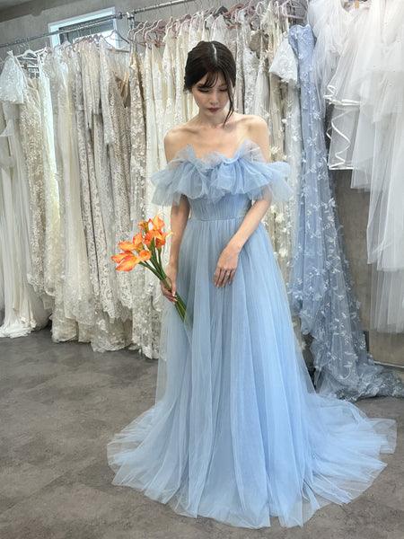 フリル オフショルダー チュールドレス アイスブルー(W337IB)