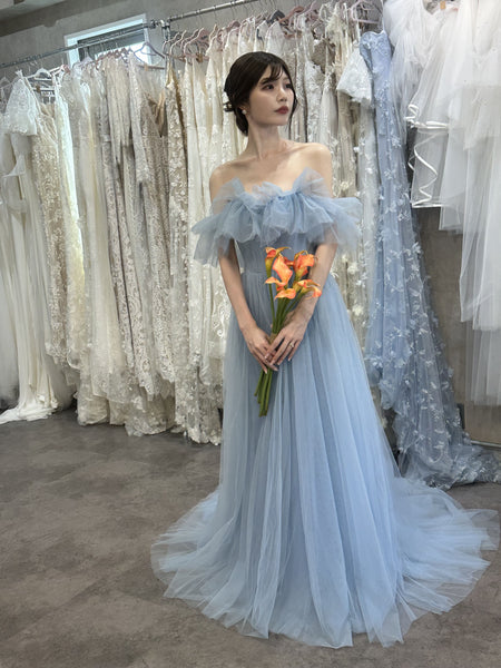 フリル オフショルダー チュールドレス アイスブルー(W337IB)
