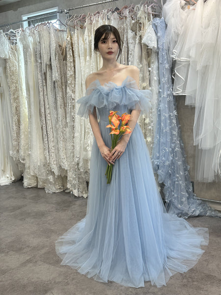 フリル オフショルダー チュールドレス アイスブルー(W337IB)