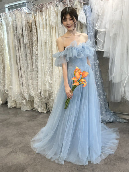 フリル オフショルダー チュールドレス アイスブルー(W337IB)