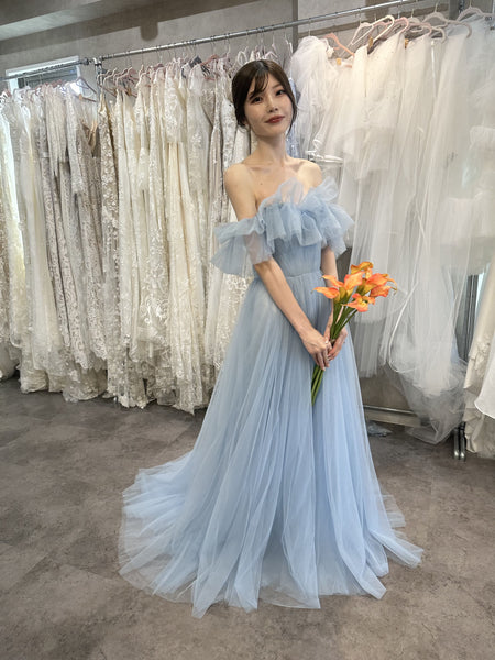 フリル オフショルダー チュールドレス アイスブルー(W337IB)