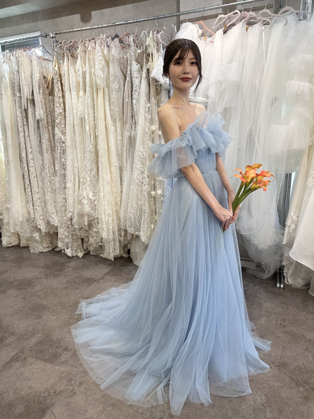 フリル オフショルダー チュールドレス アイスブルー(W337IB)
