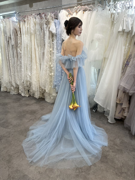 フリル オフショルダー チュールドレス アイスブルー(W337IB)