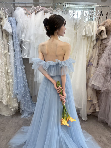 フリル オフショルダー チュールドレス アイスブルー(W337IB)