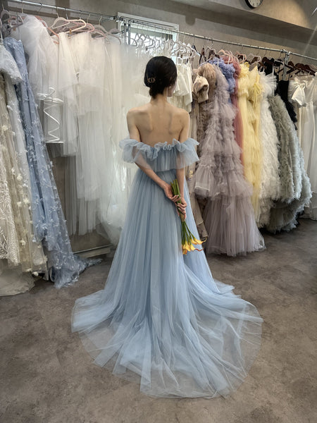 フリル オフショルダー チュールドレス アイスブルー(W337IB)