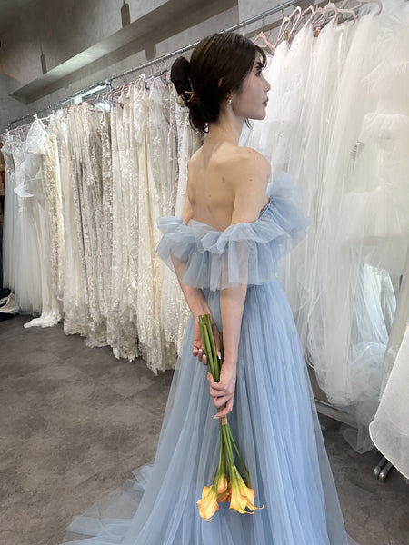 フリル オフショルダー チュールドレス アイスブルー(W337IB)