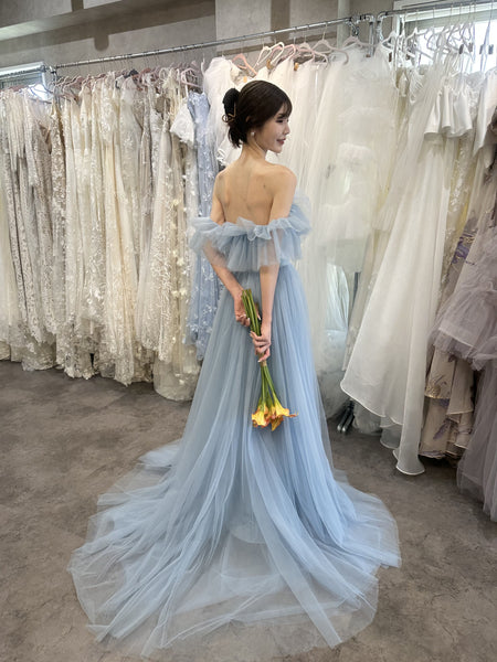 フリル オフショルダー チュールドレス アイスブルー(W337IB)