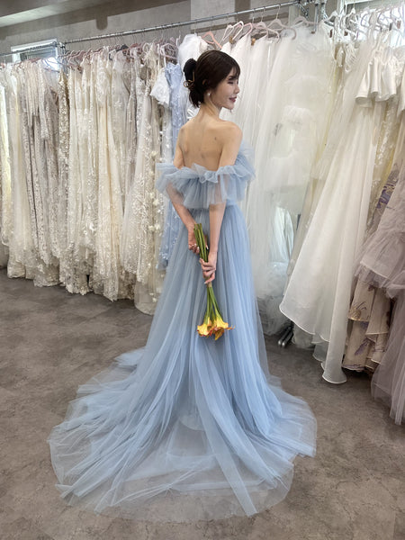 フリル オフショルダー チュールドレス アイスブルー(W337IB)
