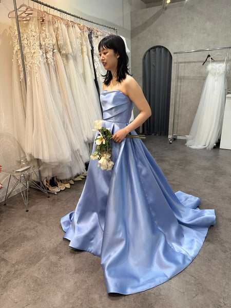 ミカド風サテン ベアトップドレス サックスブルー(W259SB)