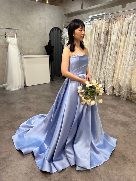 ミカド風サテン ベアトップドレス サックスブルー(W259SB)