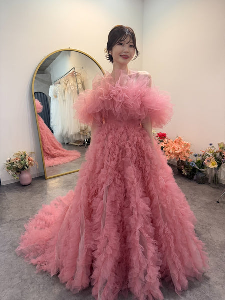 オフショルダー ボリューム フリルドレス ピンク(W368)