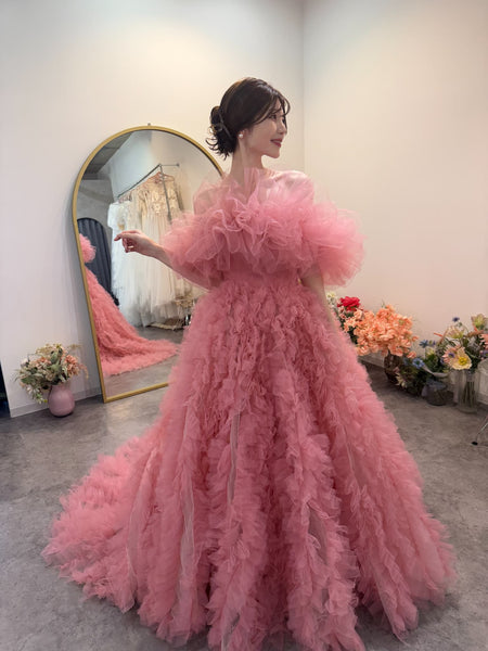 オフショルダー ボリューム フリルドレス ピンク(W368)