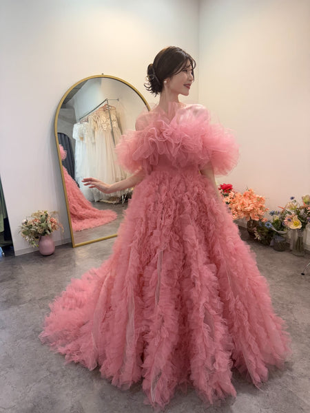 オフショルダー ボリューム フリルドレス ピンク(W368)