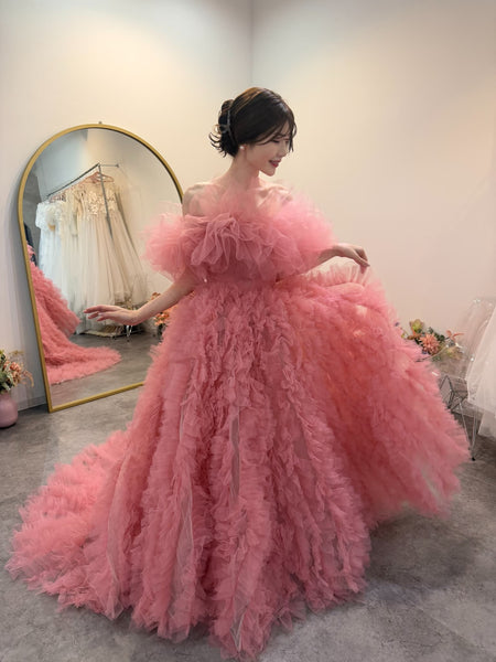 オフショルダー ボリューム フリルドレス ピンク(W368)