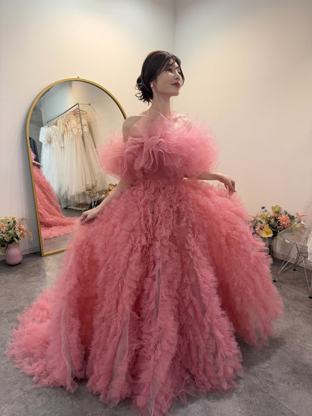 オフショルダー ボリューム フリルドレス ピンク(W368)