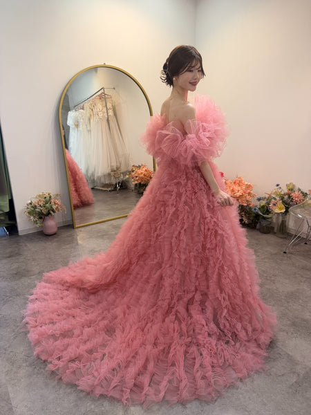 オフショルダー ボリューム フリルドレス ピンク(W368)