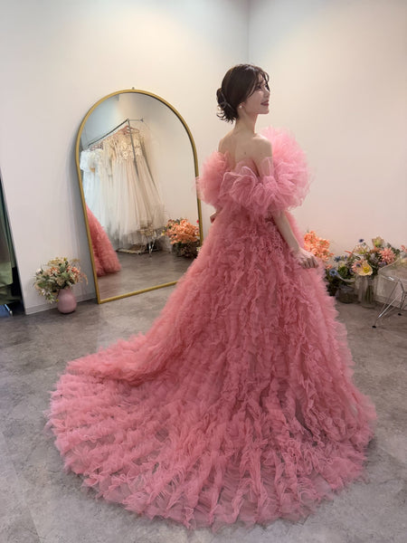 オフショルダー ボリューム フリルドレス ピンク(W368)