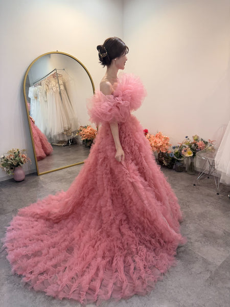 オフショルダー ボリューム フリルドレス ピンク(W368)