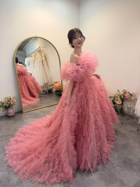 オフショルダー ボリューム フリルドレス ピンク(W368)