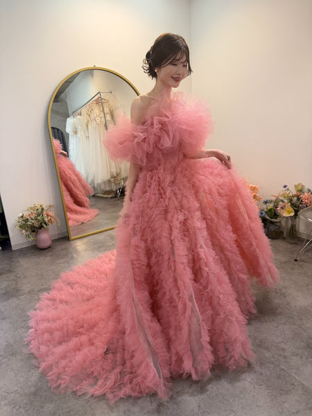 オフショルダー ボリューム フリルドレス ピンク(W368)