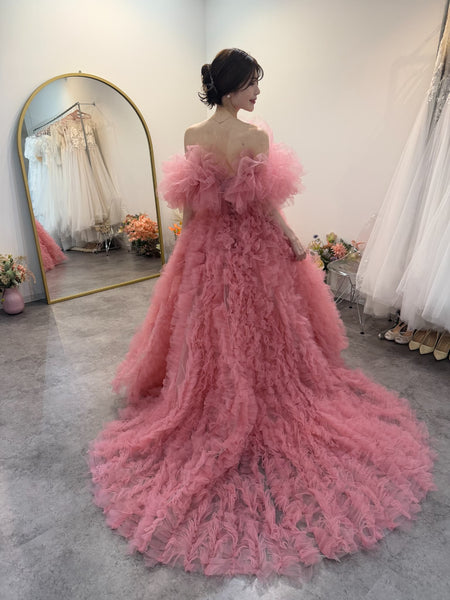 オフショルダー ボリューム フリルドレス ピンク(W368)