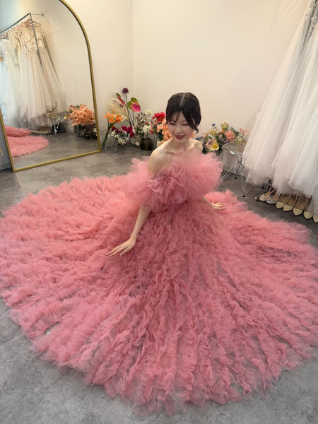 オフショルダー ボリューム フリルドレス ピンク(W368)